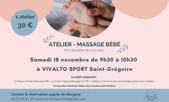 Atelier de massage bébé à Vivalto Sport St Grégoire, le samedi 18 novembre de 9h30 à 10h30. 